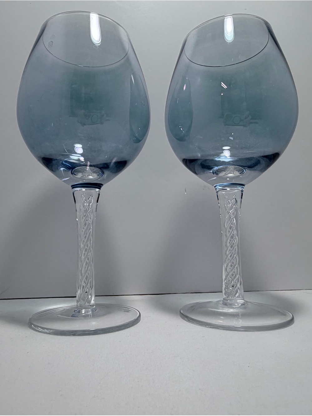 Set of Two Blue Iridescent Wine Glasses with Twisted Stems
